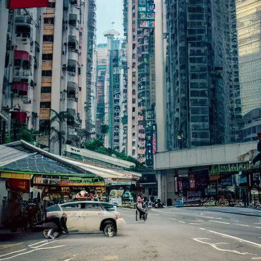 Image similar to a velociraptor walking through kowloon, hong kong. sunbeams, cinematic shot