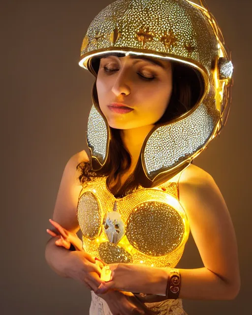 Image similar to centered medium shot fine studio photograph of a beautiful persian girl wearing a persian solarpunk electronic helmet with led lights decorated with golden ornaments, chest with mechanical parts, ultra-realistic, white background, 8k HDR dusk light, intricate detail