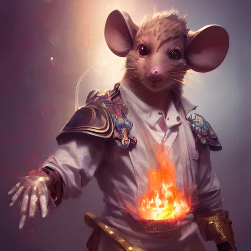 Prompt: face closeup, anthropomorphic mouse, 3 d render, hyper - realistic detailed portrait, holding fire and electricity rainbow, ruan jia, wlop. scifi, fantasy, magic the gathering, hyper detailed, octane render, concept art, peter mohrbacher