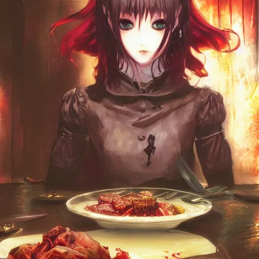 Prompt: goth woman eating dinner color page, tankoban, 4 k, tone mapping, akihiko yoshida, james jean andrei riabovitchev marc simonetti, yoshitaka amano, long hair, curly, h. hydrochaeri