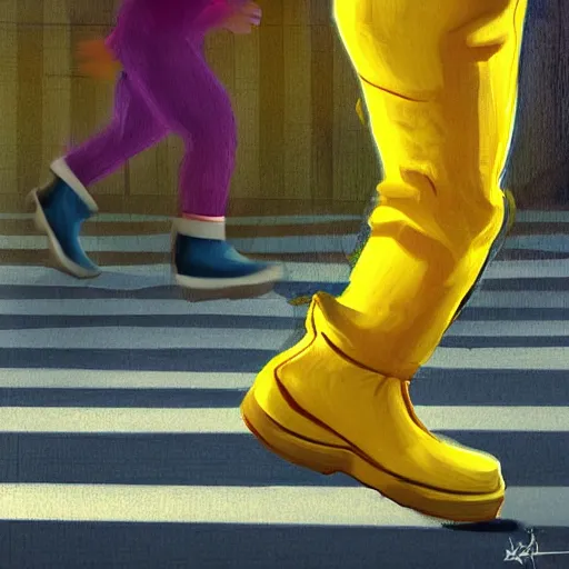 Image similar to kid with yellow boots running down the street, concept art, painting, highly detailed