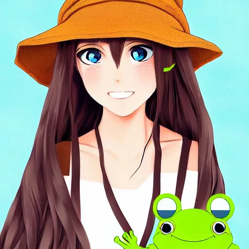 Prompt: portrait of cute anime girl with long brown hair with a frog bucket hat, digital art