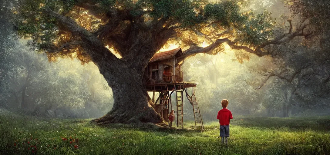 Prompt: Kid with red radioflyer standing in front of beautiful tree house in an old oak tree on a beautiful meadow with flowers, dramatic lighting, cinematic, establishing shot, extremly high detail, photo realistic, cinematic lighting, post processed, concept art, artstation, matte painting, style by eddie mendoza, raphael lacoste, alex ross