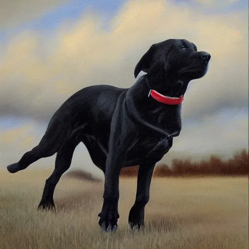 Prompt: A black Labrador Retriever prancing through the sky, the ground is made of clouds, oil painting