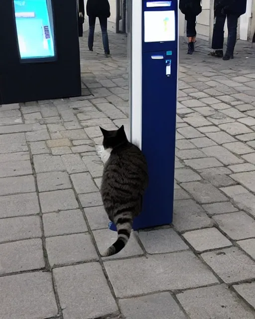 Image similar to cat standing up, in line at an ATM in copenhagen, as seen on reddit, photograph