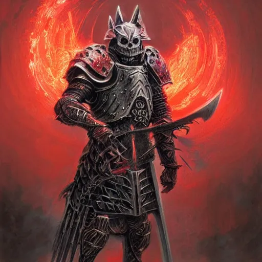 Image similar to berserk anime skull knight armor and sword, angry anthropomorphic shiba inu, blood aura red light, fantasy, dark, portrait art by donato giancola and greg rutkowski, realistic face, digital art, trending on artstation, symmetry