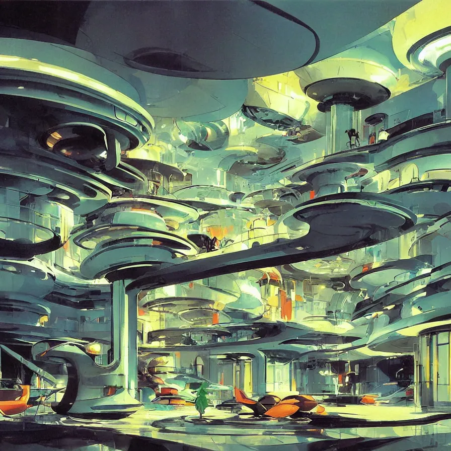 Prompt: concept art of jetsons cartoon indoor scenario of a futuristic house, painted by john berkey