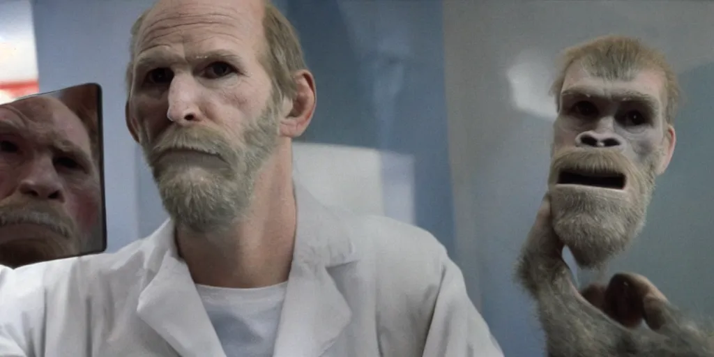 Image similar to ultra wide angle photo of young william hurt dressed as dr. eddie jessup, from altered states, looking at himself in a bathroom mirror and seeing his reflection as a hairy australopithecines like ape version of himself