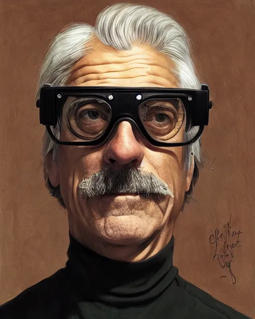 Image similar to Portrait Sam Elliott wearing safety goggles and black cloat by charlie bowater elina brotherus greg rutkowski Dan Witz paul klee jamie wyeth victo ngai