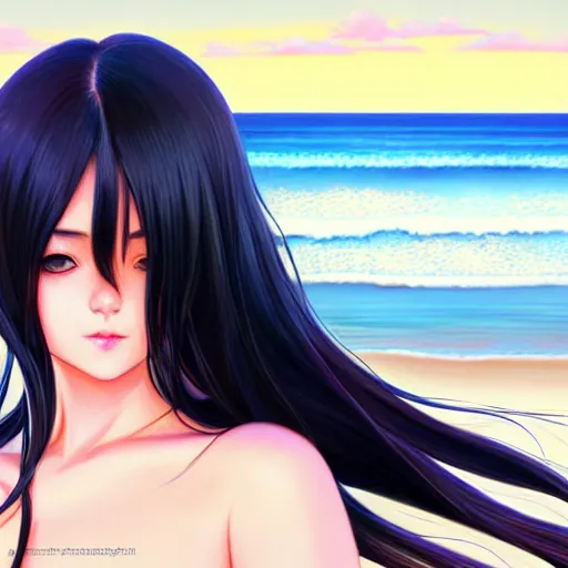 Prompt: beautiful girl with long black hair, on a beach, sunny, daytime, sharp focus, intricate, digital painting, artstation, official media, anime key visual, highly detailed, rich vivid colors, ambient lighting, illustration, art by Artgerm, Makoto Shinkai, Ilya Kuvshinov, Lois Van Baarle, and Rossdraws