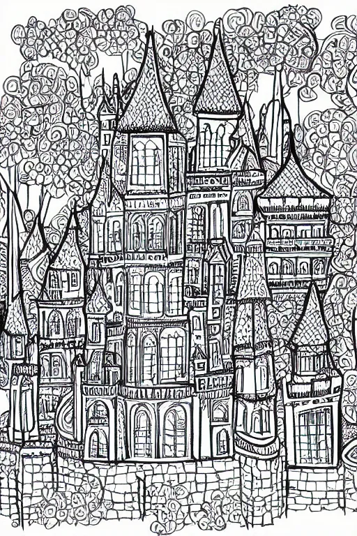 Image similar to single line sketch of elaborate intricate castle, scribble sketch, small details,