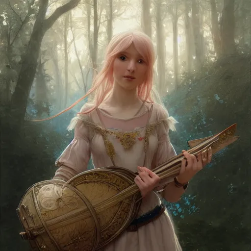 Image similar to elf fairy blond with a beautiful face, holding a lute, wearing a cardigan, highly detailed, intricate, digital painting, artstation, sharp focus, illustration, art by jakub rozalski, greg rutkowski, artgerm, tan zi and ayanamikodon and alphonse mucha and wlop