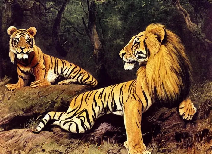 Prompt: a lion and a tiger in a forest by frank frazetta