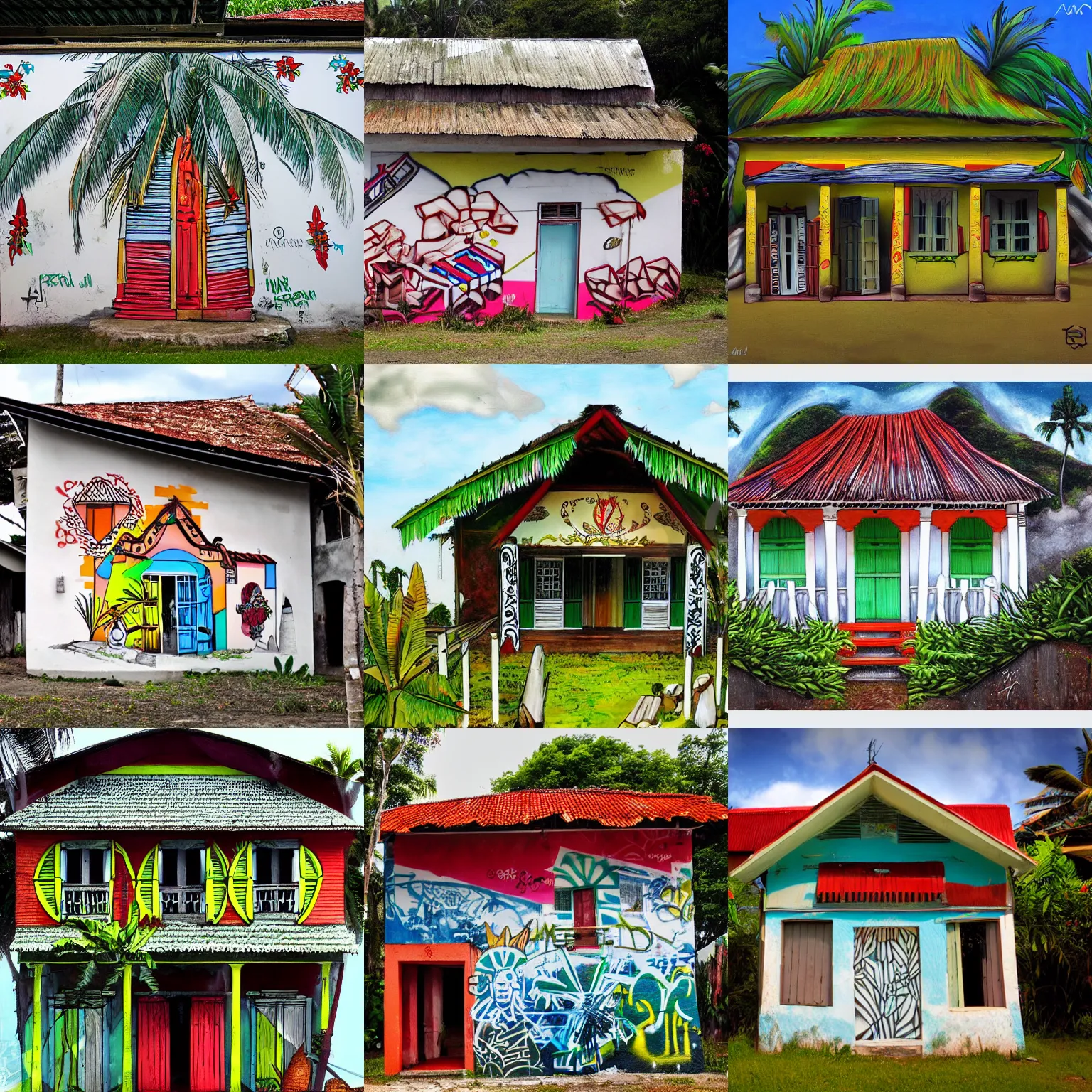 Prompt: traditional creole house from Reunion Island graffiti,trending on artstation