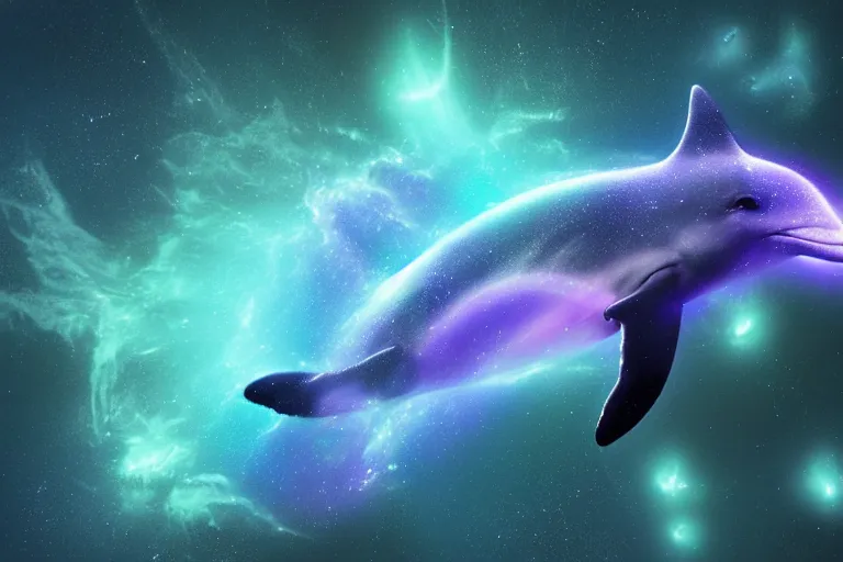 Image similar to a bioluminescent dolphin swimming through a space nebula leaving stardust trails, digital art, photorealistic