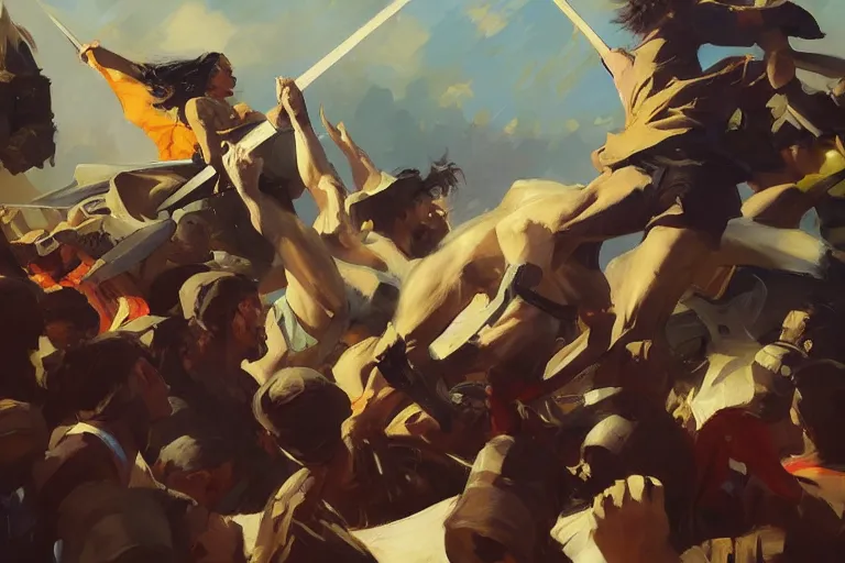 Prompt: greg manchess painting of people in an arena falling over swords, profile picture, organic painting, sunny day, matte painting, bold shapes, hard edges, street art, trending on artstation, by huang guangjian, gil elvgren, ruan jia, randy vargas, greg rutkowski