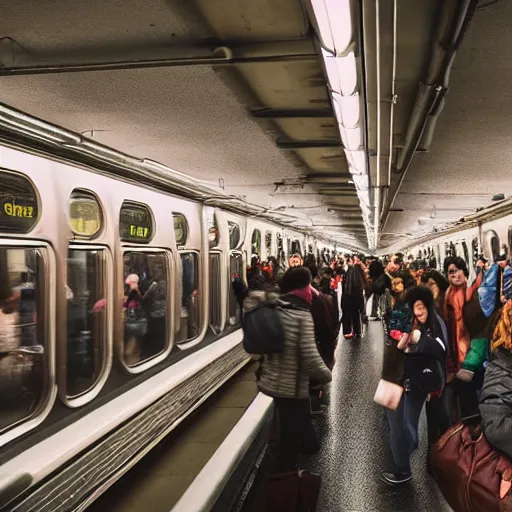 Image similar to [ crowded subway in new york city ] : : tilt - shift photography : : muted colors : : 8 k