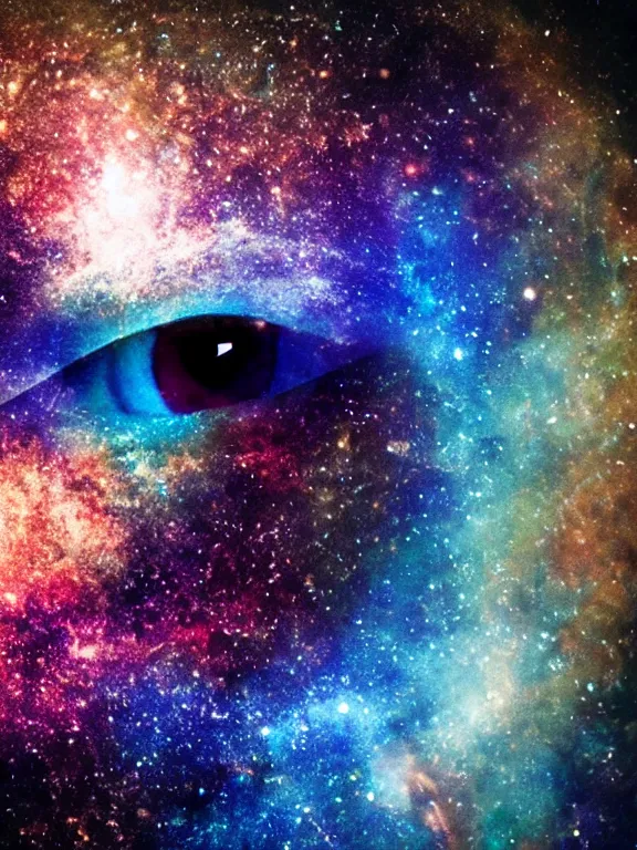 Prompt: close - up photo of human eye, transforms into a nebula, 4 k