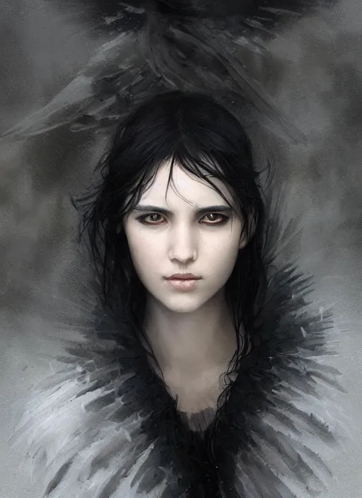 Prompt: a teenage girl with very short black hair and a huge cloak made of grey and black raven feathers standing in the mist. mist swirls around her. beautiful highly detailed face. beautiful painting by artgerm and greg rutkowski and raymond swanland