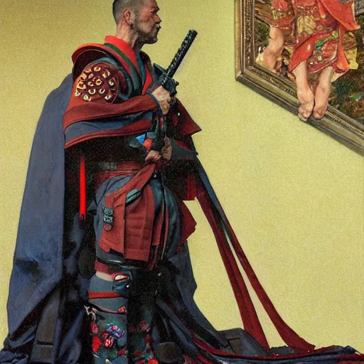 Image similar to the doomslayer wearing a kimono, portrait art by norman rockwell and donato giancola and greg rutkowski,