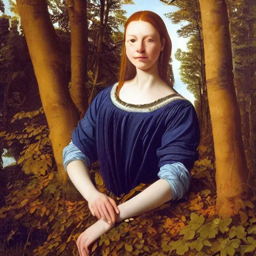 Prompt: full body portrait of a woman with blue eyes, gentle round face, with a bright smile, long dark hair, in a forest at night, highly detailed, deep focus, elegant, digital painting, smooth, sharp focus, golden ratio, illustration, ultra realistic, 8 k, art by artemisia lomi gentileschi and caravaggio