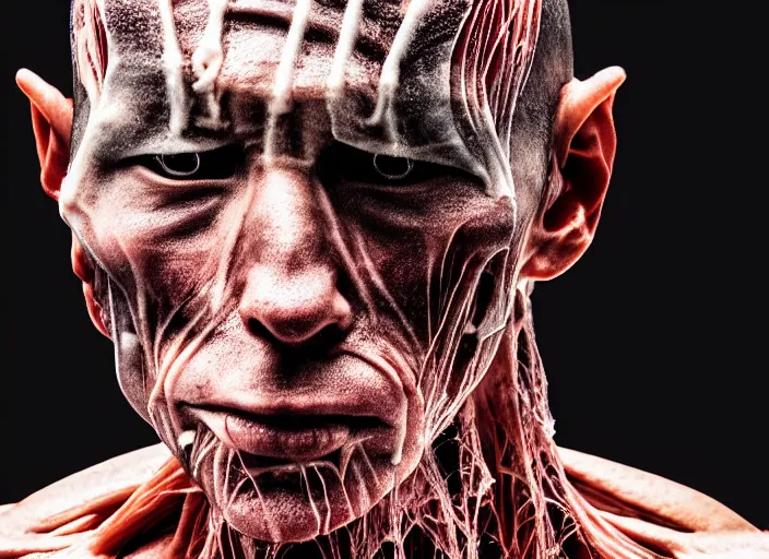 Image similar to mid shot portrait of samurai in battle, transparent skin, bones, muscle, veins, nerves, in the style of david cronenberg, high fashion, id magazine, realistic, sharp focus, 8 k high definition, film photography, photo realistic, insanely detailed, by david kostic and stanley lau and artgerm