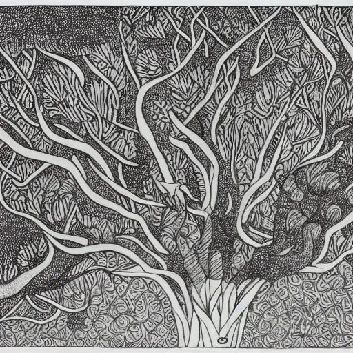 Image similar to an intricate drawing of the australian bush by mc escher, line art, celtic, illustration