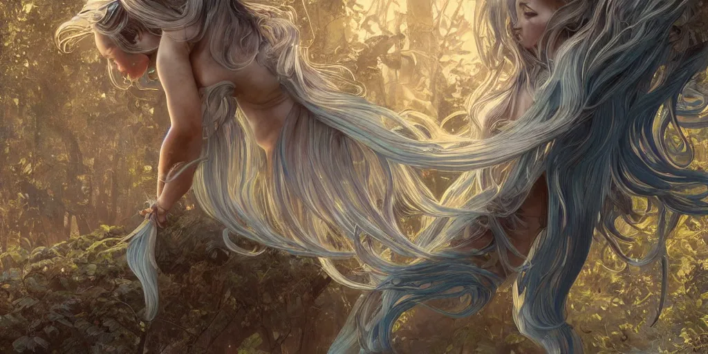 Image similar to wide angle panther, metallic silver and ice color reflected crystal hair, leaping from babaob tree, fantasy, intricate, very beautiful, elegant, golden light, highly detailed, digital painting, artstation, concept art, smooth, sharp focus, illustration, art by wlop and tian zi and alphonse mucha