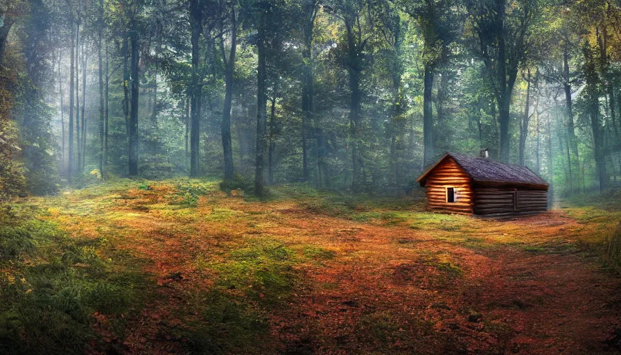 Image similar to a clearing in a forest with a cabin, digital art, highly detailed, realistic, bright colors, 8 k