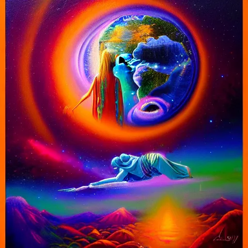 Image similar to ayahuasca journey above earth, astral spirit space journey in oil painting, ayahuasca, trending on artstation, award winning, emotional, highly detailed ethereal surrealist art