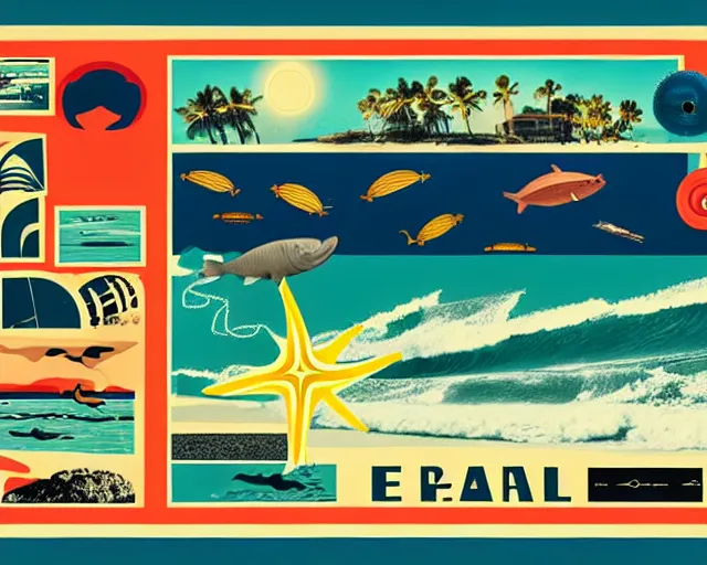 Prompt: footage of a theater stage, 1976 poster, cut out collage, film noir, beach on the outer rim, epic theater, tropical sea creatures, nautical maps, grafitti in style of Ernst Haeckl, composition by Wes Anderson, written by Ernst Jandl, lens flare