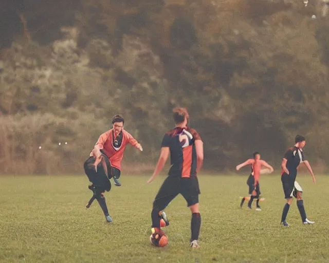 Image similar to incredible absurd surreal closeup photoshoot advertisement for soccer team, people playing soccer in the style of tim walker and by michael bay action movie vsco film grain