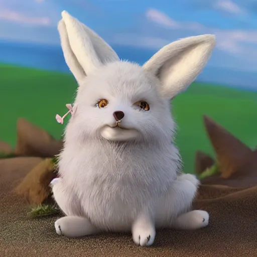 Prompt: a photorealistic adorable zany girly alluring chubby charming but slightly terrifying fennic fox wolf rabbit hybrid, with long floppy rabbit ears, wearing a bow on the top of its head, grinning at the camera with a mischievous look, sharp teeth, happy lighting, at a tropical beach