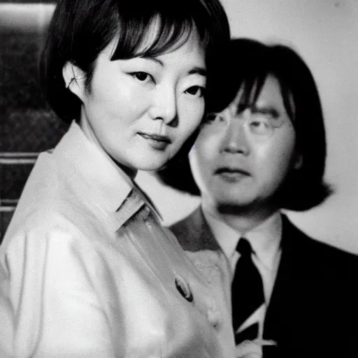 Image similar to 1960s archive of the actress Choi Eun-Hee and director Shin Sang-ok, Reuters, 35mm film, film grain, gentle, underexposed