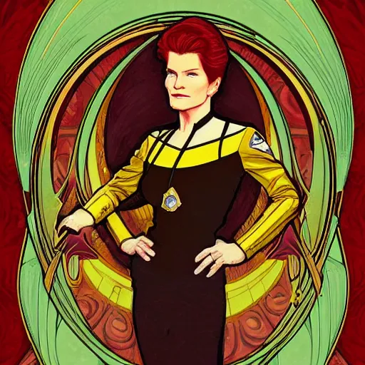 Prompt: star trek Captain Kathryn Janeway art nouveau, amazing details, intricate details ,insane details , in the style of Alphonse Mucha,