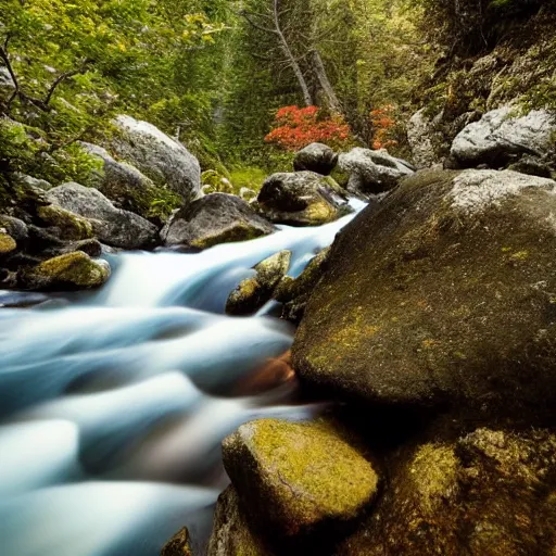 Prompt: beautiful mountains with a small stream full of trout underwater view high detail, national geographic