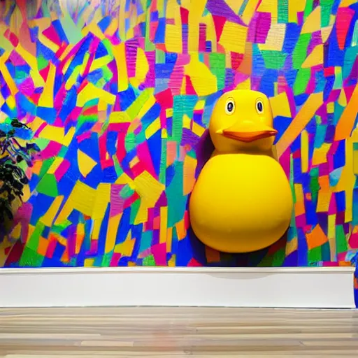 Prompt: wide shot, one photorealistic rubber duck in foreground on a pedestal in an art gallery, the walls are covered with colorful geometric wall paintings in the style of sol lewitt, tall arched stone doorways, through the doorways are more wall paintings in the style of sol lewitt.