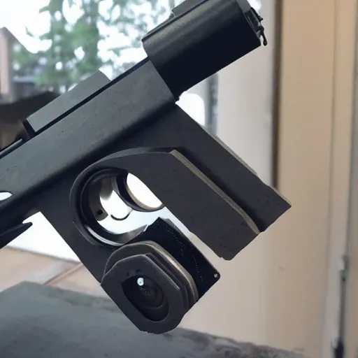 Image similar to a photo of a futuristic, 3 d printed rail gun, shot on the camera of an iphone 1 2.