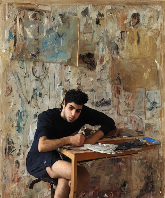 Image similar to a color photograph of persian young man in his workplace, by nan goldin, painted over by jenny saville, out of place, intense, bold, exaggerated, over proportion, hyperrealistic, ultra sharp, extra details, ultra high quality,