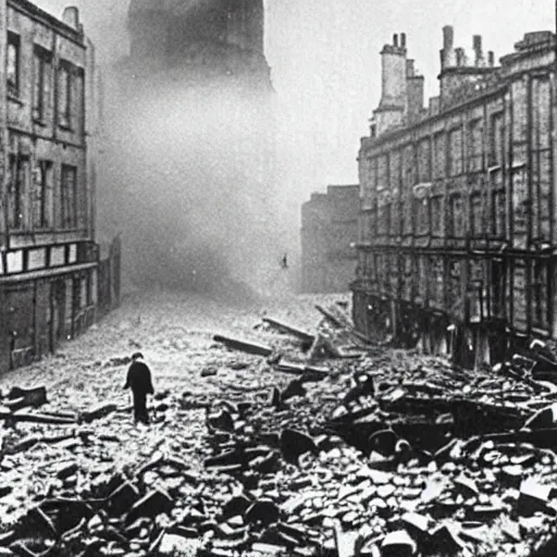 Prompt: there is a lesson for australia in the air raids in scotland last week. apparently through official bungling, no air - raid warning was given in edinburgh, although machine gun bullets and pieces of shrapnel were falling in the streets, 1 9 3 9 photo