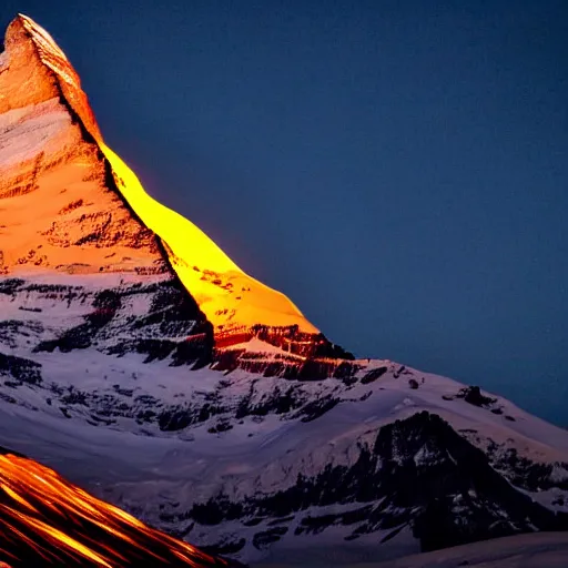 Image similar to a photo at nighttime of a powerful llumination of the matterhorn in the colors of indian flag, orange top, white middle, green base. projected illuminated on the matterhorn mountain at night