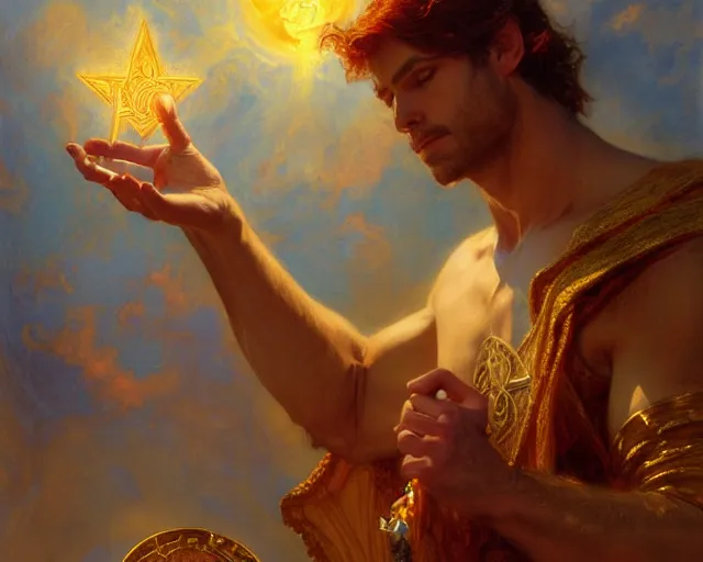 Image similar to attractive male deity, casting demonic magic, summoning handsome lucifer morning star. highly detailed painting by gaston bussiere, craig mullins, j. c. leyendecker 8 k