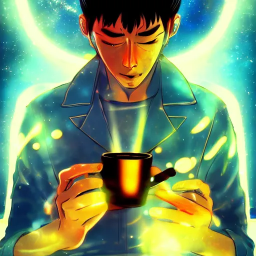 Image similar to A man drinking a cup of cosmic energy bright light by Masafumi Harada, 4k, digital art, surreal, anime style, space dandy style, highly detailed, godsend, artstation