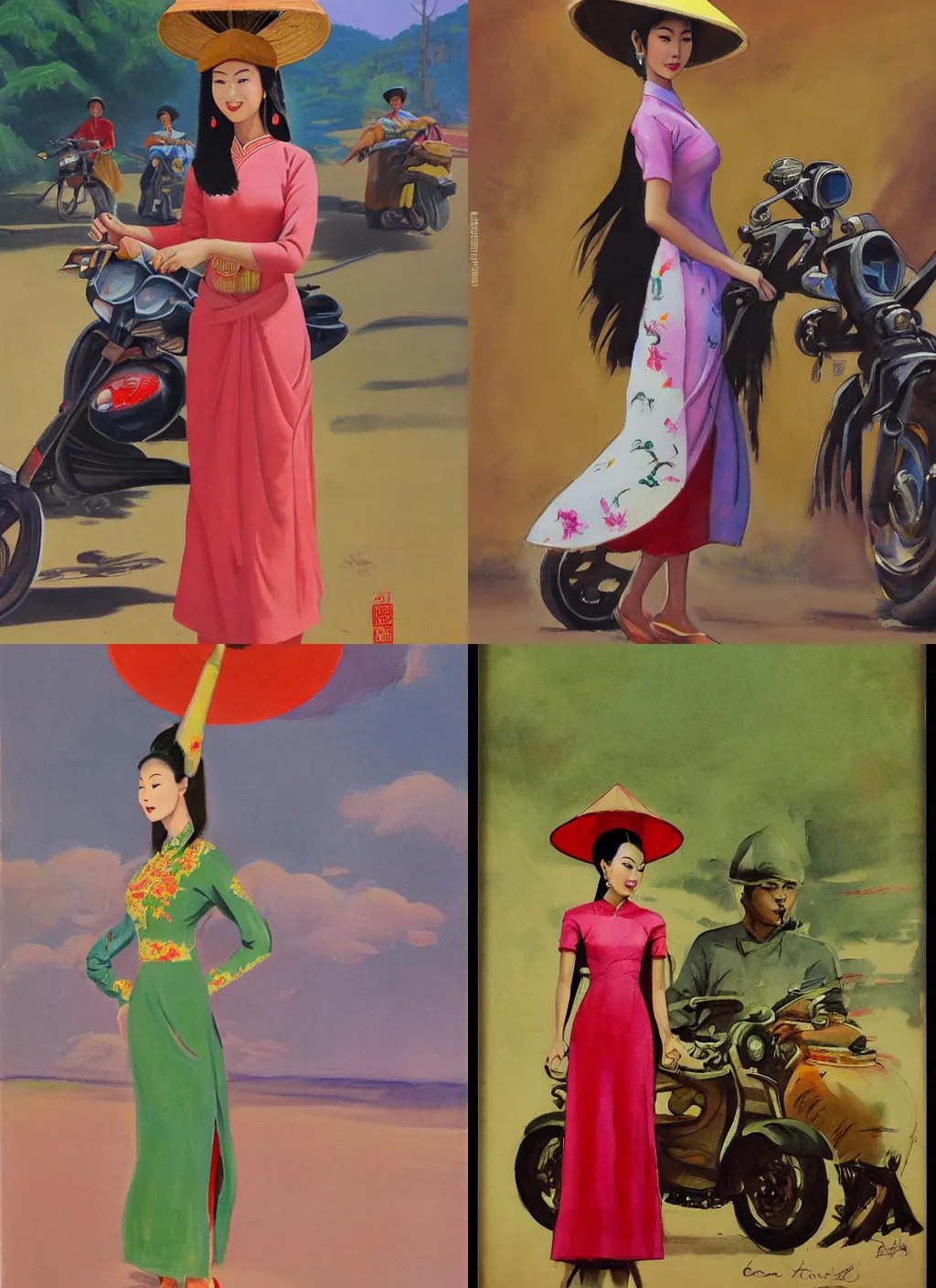 Image similar to a painting of a tall thin beautiful vietnamese girl in an ao dai dress and a conical hat standing in front of a motorcycle in the style of Frank frazetta