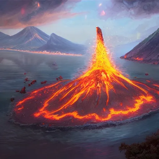 Prompt: a volcano erupting marshmallows on an island, highly detailed, concept art, art by wlop and artgerm and greg rutkowski, masterpiece, trending on artstation, 8 k