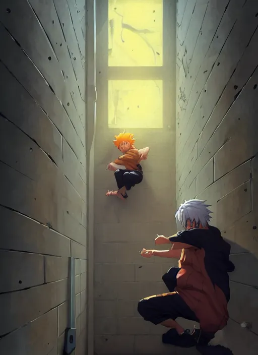 Image similar to highly detailed prison cell with naruto uzumaki with black hair, hitting a wall, art by greg rutkowski, loish, rhads, ferdinand knab, makoto shinkai and lois van baarle, ilya kuvshinov, rossdraws, tom bagshaw, global illumination, radiant light, detailed and intricate environment