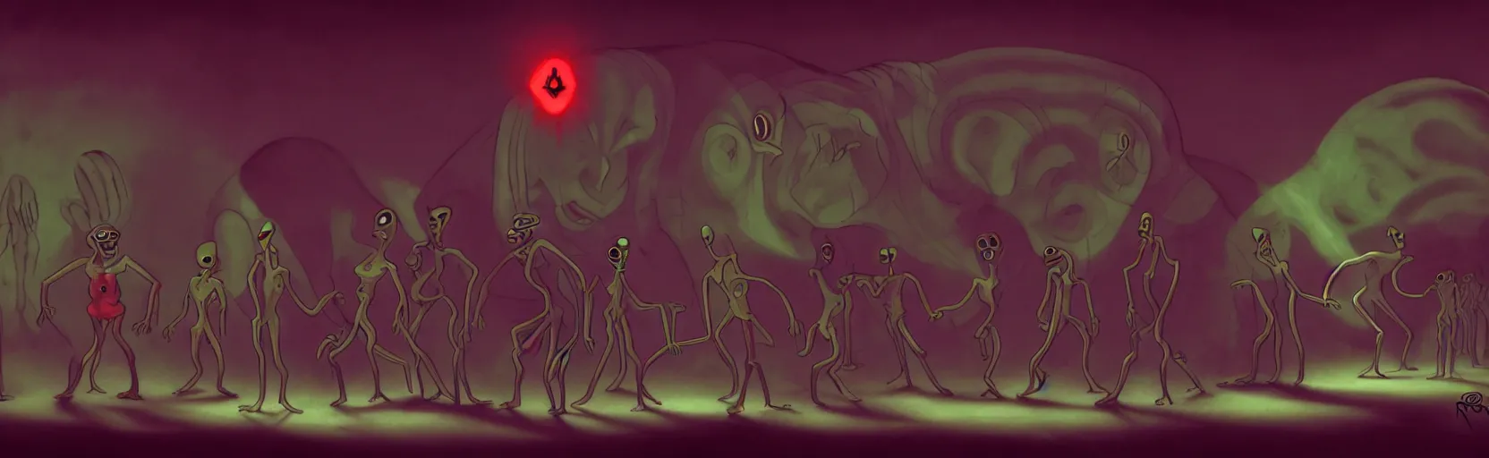 Image similar to uncanny repressed mutants from the depths of a vast wasteland in the collective unconscious, dramatic lighting, surreal dark 1 9 3 0 s fleischer cartoon characters, surreal painting by ronny khalil