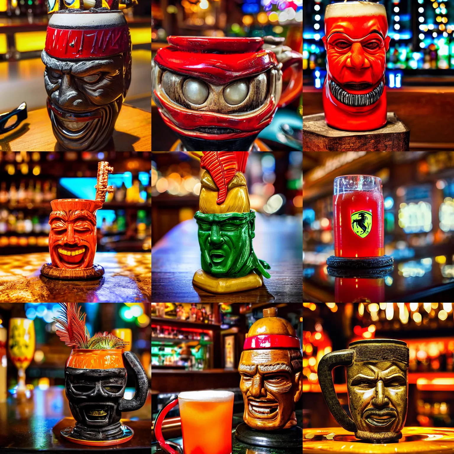 Prompt: a closeup photorealistic photograph of a ferarri themed tiki mug sitting at a trader vic's bar. tiki theme. bright scene. fine detail. this 4 k hd image is trending on artstation, featured on behance, well - rendered, extra crisp, features intricate detail, epic composition and the style of unreal engine.