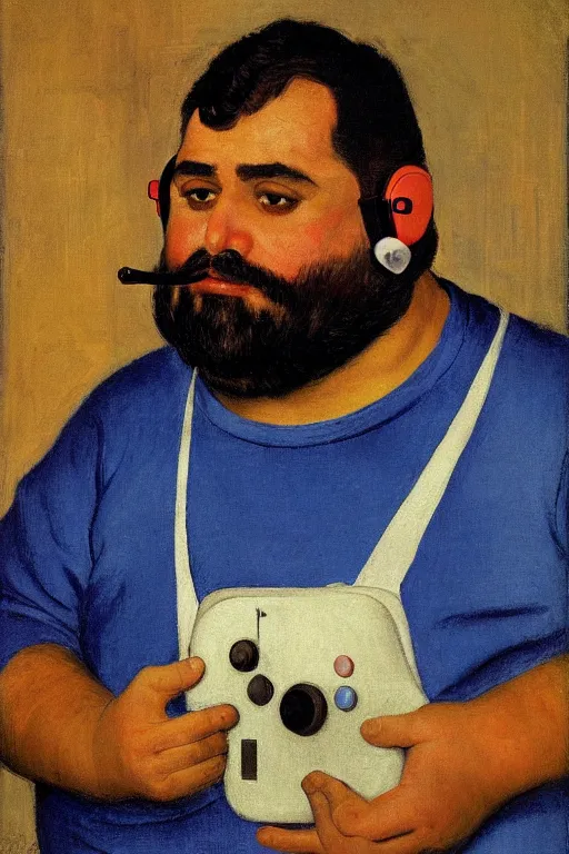 Image similar to portrait of a handsome chubby bearded Hispanic man, wearing headset and T-shirt, holding game controller, glowing with silver light, painting by Franz Marc, by Jean-Léon Gérôme, by Winsor McCay, today's featured photograph, 16K