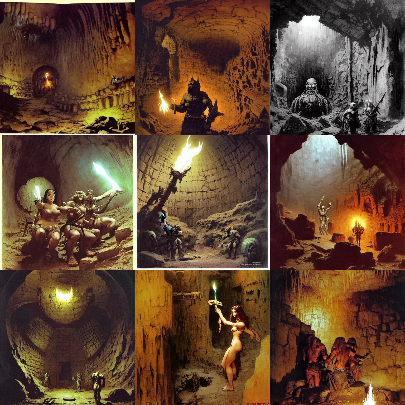 Prompt: inside ancient torch lit abandoned dwarven mine underground by frank frazetta, ken kelly, simon bisley, richard corben, william - adolphe bouguereau